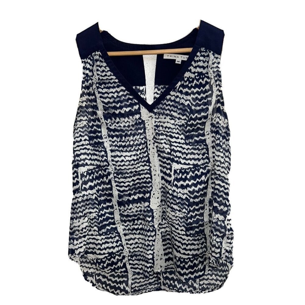 Trina Turk Blouse Tank Navy Blue White Size Medium Cotton & Silk (T)